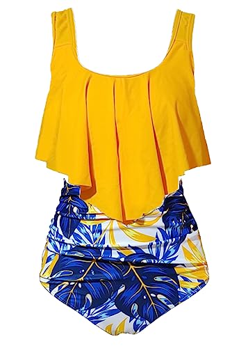 Aidotop Damen Badeanzug Rüschen Zweiteilige High Waist Bikini Retro Sätze mit hoher Taille Bademode Strandkleidung (27Yellow, L) von Aidotop