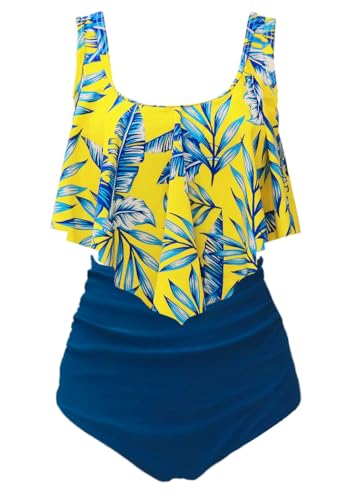 Aidotop Damen Badeanzug Rüschen Zweiteilige High Waist Bikini Retro Sätze mit hoher Taille Bademode Strandkleidung (38Blue Yellow,XL) von Aidotop