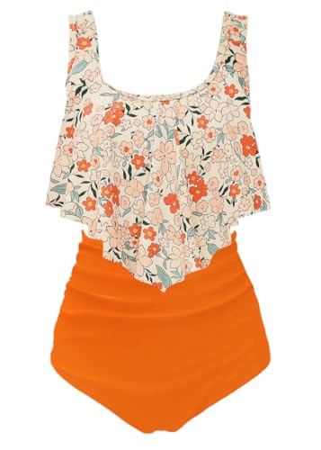 Aidotop Damen Badeanzug Rüschen Zweiteilige High Waist Bikini Retro Sätze mit hoher Taille Bademode Strandkleidung (40Yellow Flower, XXL) von Aidotop