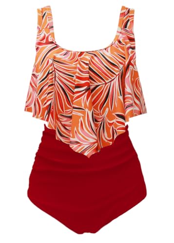 Aidotop Damen Badeanzug Rüschen Zweiteilige High Waist Bikini Retro Sätze mit hoher Taille Bademode Strandkleidung (41Orange Leaf,XL) von Aidotop