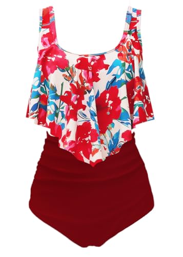 Aidotop Damen Badeanzug Rüschen Zweiteilige High Waist Bikini Retro Sätze mit hoher Taille Bademode Strandkleidung (42Red Floral,XL) von Aidotop