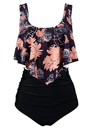 Aidotop Damen Badeanzug Rüschen Zweiteilige High Waist Bikini Retro Sätze mit hoher Taille Bademode Strandkleidung (4Bpink Flower, XXL) von Aidotop