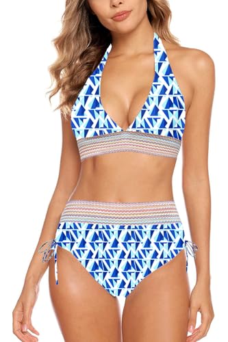Aidotop Damen Bikini Set Bademode Bauchkontrolle Hohe Taille Bikini Sets Hohe Taille V Ausschnitt Verstellbar Zweiteiliger Badeanzug Swimsuit（11Blue Geometry，M） von Aidotop