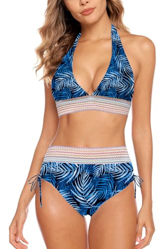 Aidotop Damen Bikini Set Bademode Bauchkontrolle Hohe Taille Bikini Sets Hohe Taille V Ausschnitt Verstellbar Zweiteiliger Badeanzug Swimsuit（12Blue Leave，M） von Aidotop