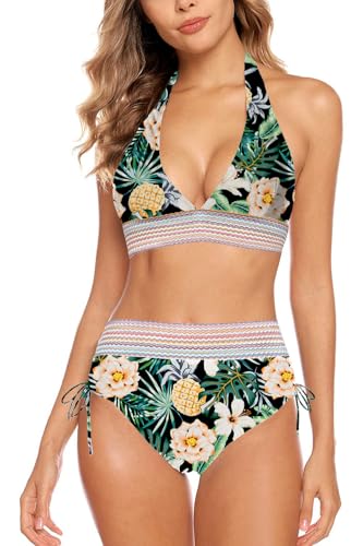 Aidotop Damen Bikini Set Bademode Bauchkontrolle Hohe Taille Bikini Sets Hohe Taille V Ausschnitt Verstellbar Zweiteiliger Badeanzug Swimsuit（7Green Leave，M） von Aidotop
