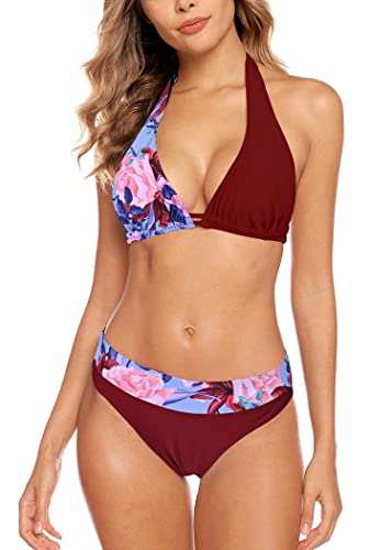 Aidotop Damen Bikini Set Triangel Badeanzug Strand Ties Zweiteiliger Bademode Bikinihose（Wine Red,M） von Aidotop