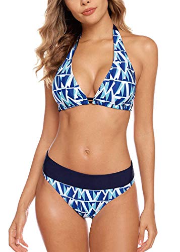 Aidotop Damen Bikini Set Triangel Badeanzug Strand Ties Zweiteiliger Bademode Bikinihose（Blue Geometry,S von Aidotop
