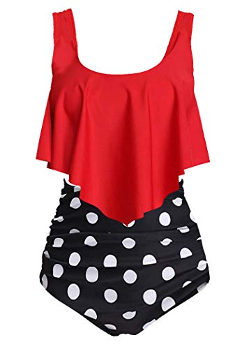 Aidotop Damen Badeanzug Rüschen Zweiteilige High Waist Bikini Retro Sätze mit hoher Taille Bademode Strandkleidung(13red Point,M) von Aidotop