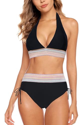 Aidotop Damen Bikini Set Bademode Bauchkontrolle Hohe Taille Bikini Sets Hohe Taille V Ausschnitt Verstellbar Zweiteiliger Badeanzug Swimsuit（1Black，L） von Aidotop