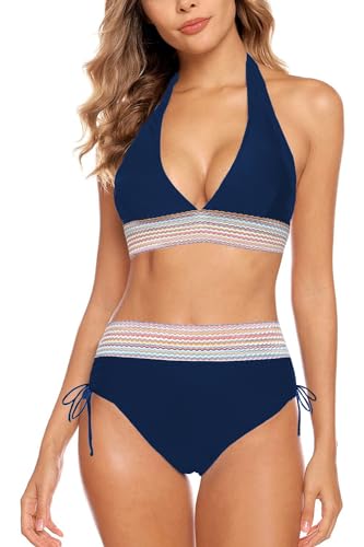 Aidotop Damen Bikini Set Bademode Bauchkontrolle Hohe Taille Bikini Sets Hohe Taille V Ausschnitt Verstellbar Zweiteiliger Badeanzug Swimsuit（2Navy Blue，XL） von Aidotop