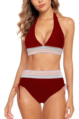Aidotop Damen Bikini Set Bademode Bauchkontrolle Hohe Taille Bikini Sets Hohe Taille V Ausschnitt Verstellbar Zweiteiliger Badeanzug Swimsuit（4Red，XL） von Aidotop