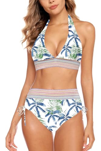 Aidotop Damen Bikini Set Bademode Bauchkontrolle Hohe Taille Bikini Sets Hohe Taille V Ausschnitt Verstellbar Zweiteiliger Badeanzug Swimsuit（9Coconut Leave，L） von Aidotop