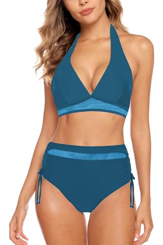 Aidotop Damen Bikini Set Bademode Bauchkontrolle Hohe Taille Bikini Sets Hohe Taille V Ausschnitt Verstellbar Zweiteiliger Badeanzug Swimsuit（Blue-New，XL） von Aidotop