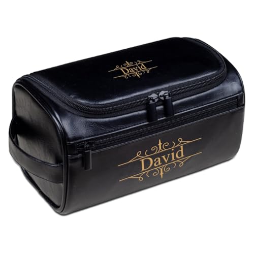 Herren-Kulturbeutel, personalisierbar, Leder, mit Namen, Reise-Rasiertasche, Geschenk für Vater, Ehemann, Trauzeugen, Weihnachten, Schwarz , Einheitsgröße, Kulturbeutel von Aiebill