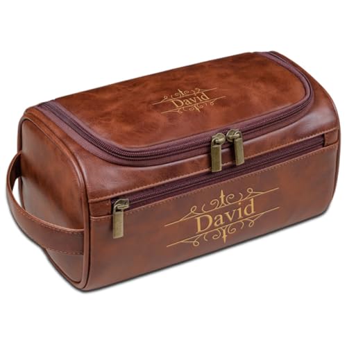 Herren-Kulturbeutel, personalisierbar, Leder, mit Namen, Reise-Rasiertasche, Geschenk für Vater, Ehemann, Trauzeugen, Weihnachten, braun, Einheitsgröße, Kulturbeutel von Aiebill