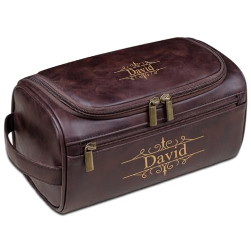 Herren-Kulturbeutel, personalisierbar, Leder, mit Namen, Reise-Rasiertasche, Geschenk für Vater, Ehemann, Trauzeugen, Weihnachten, dark coffee, Einheitsgröße, Kulturbeutel von Aiebill