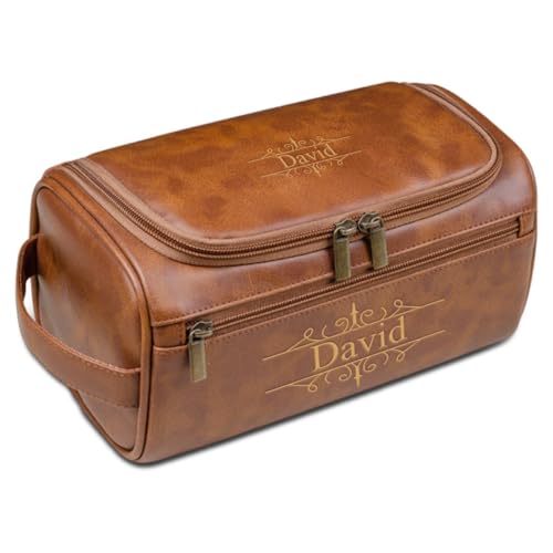 Herren-Kulturbeutel, personalisierbar, Leder, mit Namen, Reise-Rasiertasche, Geschenk für Vater, Ehemann, Trauzeugen, Weihnachten, hellbraun, Einheitsgröße, Kulturbeutel von Aiebill
