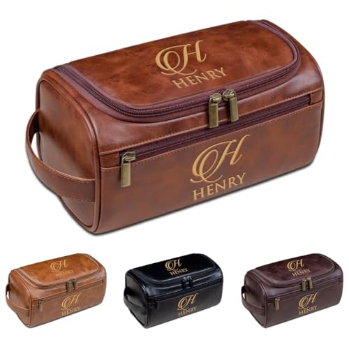 Individuelle Kulturtasche aus PU-Leder für Herren, personalisierbar, mit Gravur, Reise-Organizer, Geschenk für ihn, Ehemann, Vater, braun, Einheitsgröße, Kulturbeutel von Aiebill