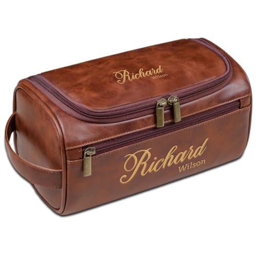 Kulturbeutel aus Leder, personalisierbar, mit Gravur, Reise-Organizer, Geschenk für Männer, Vater, Ehemann, Trauzeugen, braun, Einheitsgröße, Kulturbeutel von Aiebill