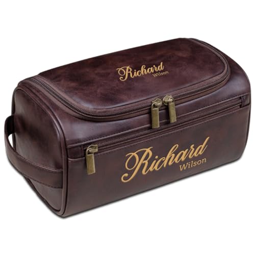 Kulturbeutel aus Leder, personalisierbar, mit Gravur, Reise-Organizer, Geschenk für Männer, Vater, Ehemann, Trauzeugen, dark coffee, Einheitsgröße, Kulturbeutel von Aiebill