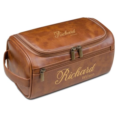 Kulturbeutel aus Leder, personalisierbar, mit Gravur, Reise-Organizer, Geschenk für Männer, Vater, Ehemann, Trauzeugen, hellbraun, Einheitsgröße, Kulturbeutel von Aiebill