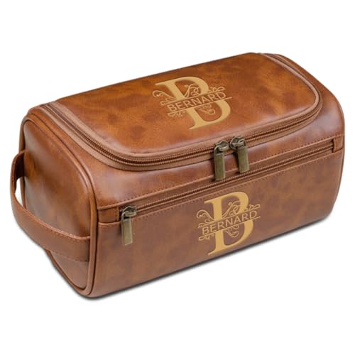 Kulturbeutel aus Leder mit Gravur für Herren, personalisierbar, Reisepflege-Set, individuelles Geschenk für Ehemann, Vater, Freund, Trauzeugen, Weihnachten, hellbraun, Einheitsgröße, Kulturbeutel von Aiebill