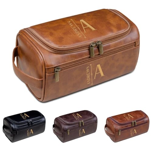 Kulturbeutel für Herren, personalisierbar, PU-Leder, personalisierbar, Reise-Organizer, Geschenke für Freund, Ehemann, Vater, hellbraun, Einheitsgröße, Kulturbeutel von Aiebill