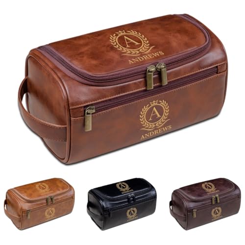 Personalisierte Herren-Kulturbeutel, personalisierbar, PU-Leder, Dopp-Kit für Reisen, Geschenk für Ehemann, Freund, Vater, braun, Einheitsgröße, Kulturbeutel von Aiebill