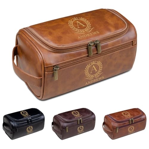 Personalisierte Herren-Kulturbeutel, personalisierbar, PU-Leder, Dopp-Kit für Reisen, Geschenk für Ehemann, Freund, Vater, hellbraun, Einheitsgröße, Kulturbeutel von Aiebill