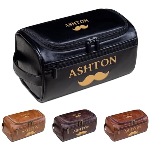 Reise-Kulturbeutel aus Leder – Personalisierte Herren-Kosmetiktasche mit Namen, Geschenk für Ehemann, Vater, Opa, Freund, Schwarz , Einheitsgröße, Kulturbeutel von Aiebill