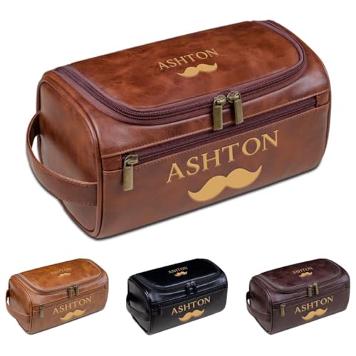 Reise-Kulturbeutel aus Leder – Personalisierte Herren-Kosmetiktasche mit Namen, Geschenk für Ehemann, Vater, Opa, Freund, braun, Einheitsgröße, Kulturbeutel von Aiebill