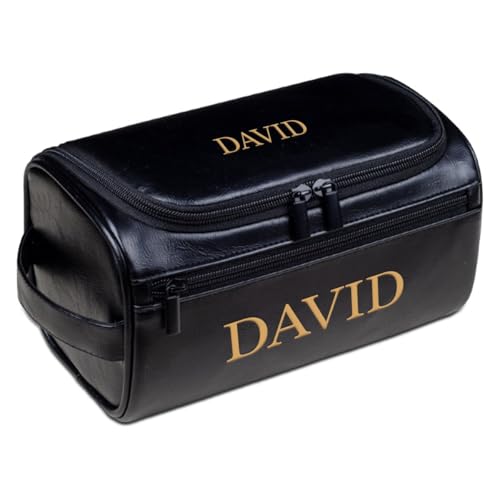 Reise-Kulturbeutel für Herren, personalisierbar, Leder-Kosmetiktasche, Rasierset, Geschenk für Vater, Ehemann, Trauzeugen, Hochzeit, Schwarz , Einheitsgröße, Kulturbeutel von Aiebill