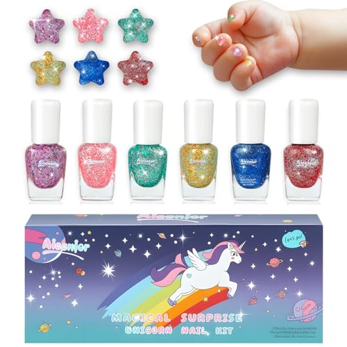 Aieenjor Kinder-Nagellack Set, 6 Glitzer-Regenbogenfarben, Wasserbasis, Ungiftig von Aieenjor