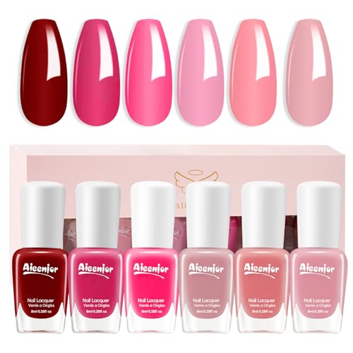 Aieenjor Schnelltrocknender Nagellack Set, 6 Farben – Rot Nagellack ohne UV-Lampe Nude Nail Polish Schonend und langanhaltend(Pfirsich Rot, 6er Set) von Aieenjor