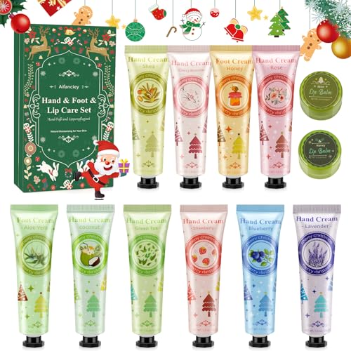 Handcreme Lippenstift Set,12pcs Mini Handcremes,Fußcreme, Lippenbalsam Set für Frauen und Männer,Feuchtigkeitscreme Geschenkset für Weihnachten & Geburtstags Geschenk von Aifanciey