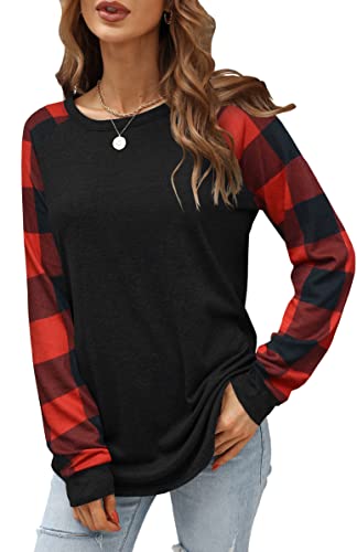 Aifer Damen Langarmshirts Rundhalsausschnitt Pullover Sweatshirt Muster Raglan Casual Tunika Tops, 001 schwarz kariert, Groß von Aifer