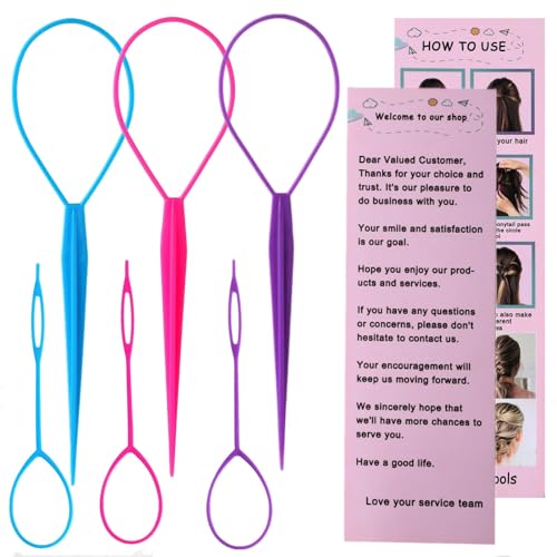 Aigee Topsy Tail und Hair Loop Styling-Werkzeug-Set – Pferdeschwanzmacher, französische Zopfschlaufen in groß und klein, Haar-Durchziehwerkzeuge (Rosa, Blau, Violett) für Frauen und Mädchen, 6 Stück von Aigee