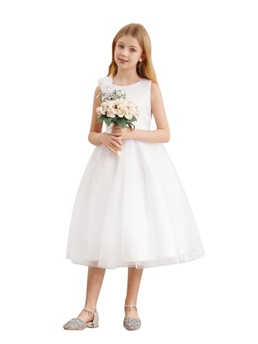 Aiihoo Blumenmädchenkleider Prinzessin Kleid Mädchen Brautjungfer Kleid Festlich Kommunionskleider Hochzeit Party Geburtstag Weißes Taufkleid Elfenbein G 134-140 von Aiihoo