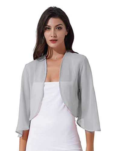 Aiihoo Damen Bolero Langarm Chiffon Jacke Kurz Elegante Cardigan Vorne Offene Schulterjacke Festlich Tops für Hochzeit Partykleid Abendkleid Grau M von Aiihoo