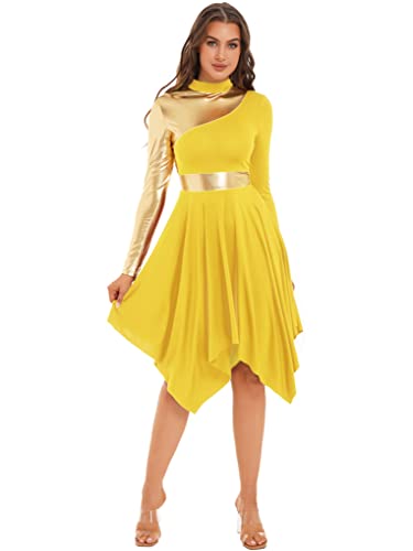 Aiihoo Damen Eiskunstlauf Kleid Glänzend Tanzkleid Langarm Patchwork Ballettkleid Asymmetrische Tanzkostüme Chiffonrock Tanzrock Tanzbekleidung Gelb M von Aiihoo