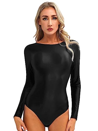 Aiihoo Damen Glänzend Body Eng Bodysuit Rundhals Jumpsuit Badeanzug Monokini Sportbody Overall Leotard Gymnastikbody Schwarz XL von Aiihoo