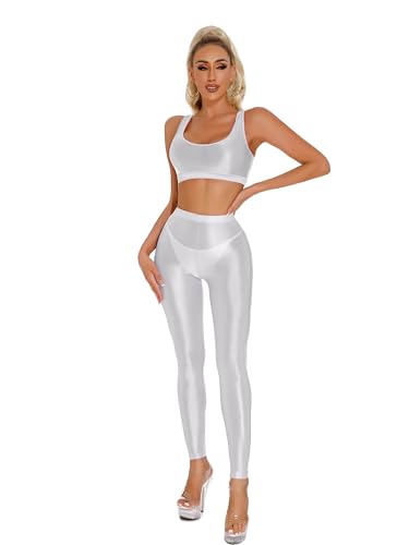 Aiihoo Damen Glänzend Crop Top + Sport Leggings U-Ausschnitt Bh Top Stretch Yoga Hose Fitness Sportanzug Transparent Unterwäsche Clubwear Weiß L von Aiihoo