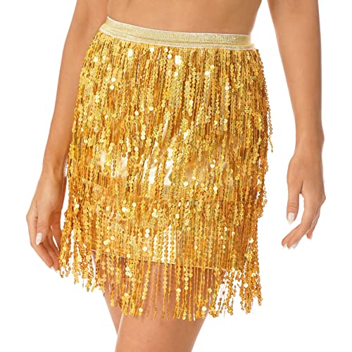 Aiihoo Damen Glitzer Rock Pailletten Quaste Bauchtanz Hüfttuch Gürtel Bleistiftrock Fransen Tanzrock Mini Rock Bauchtanz Kostüm Dancewear Gold A M von Aiihoo