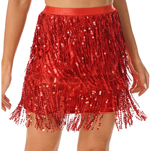 Aiihoo Damen Glitzer Rock Pailletten Quaste Bauchtanz Hüfttuch Gürtel Bleistiftrock Fransen Tanzrock Mini Rock Bauchtanz Kostüm Dancewear Rot A XL von Aiihoo