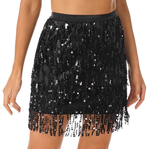 Aiihoo Damen Glitzer Rock Pailletten Quaste Bauchtanz Hüfttuch Gürtel Bleistiftrock Fransen Tanzrock Mini Rock Bauchtanz Kostüm Dancewear Schwarz A L von Aiihoo