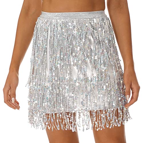 Aiihoo Damen Glitzer Rock Pailletten Quaste Bauchtanz Hüfttuch Gürtel Bleistiftrock Fransen Tanzrock Mini Rock Bauchtanz Kostüm Dancewear Silber A XL von Aiihoo