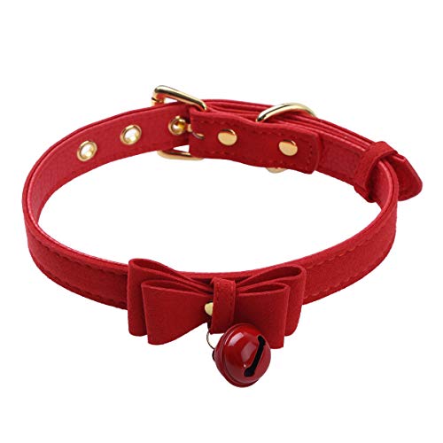 Aiihoo Damen Halskette Choker PU Leder Halsband mit Glöckchen Verstellbar Gürtel Modisch Kostüm Zubehör für Karneval Fasching Party Rot Einheitsgröße von Aiihoo