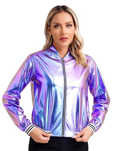 Aiihoo Damen Holographic Kostüm Glitzer Jacke Metallic Silber Langarm Bomberjacke Glitzer Oberteil Karneval Kostüm Rave Festival Outfit Blau 3XL von Aiihoo