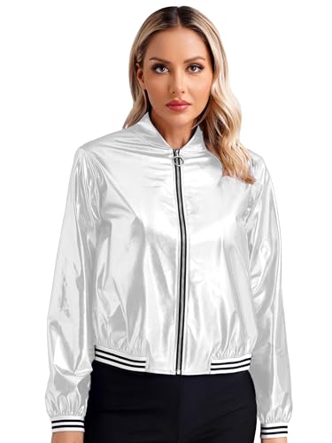 Aiihoo Damen Holographic Kostüm Glitzer Jacke Metallic Silber Langarm Bomberjacke Glitzer Oberteil Karneval Kostüm Rave Festival Outfit Silber 3XL von Aiihoo