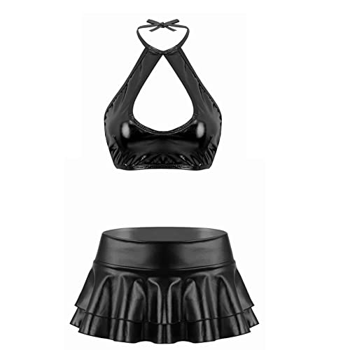 Aiihoo Damen Metallic Dessous-Set Bikini Set Neckholder BH Top + Minirock Glänzend Badeanzug Unterwäsche Reizwäsche GOGO Clubwear A Schwarz M von Aiihoo